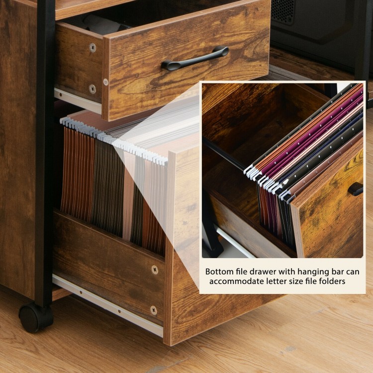 Bottom drawer of the rustic brown mobile file cabinet with hanging bar for letter size file folders, ideal for office.