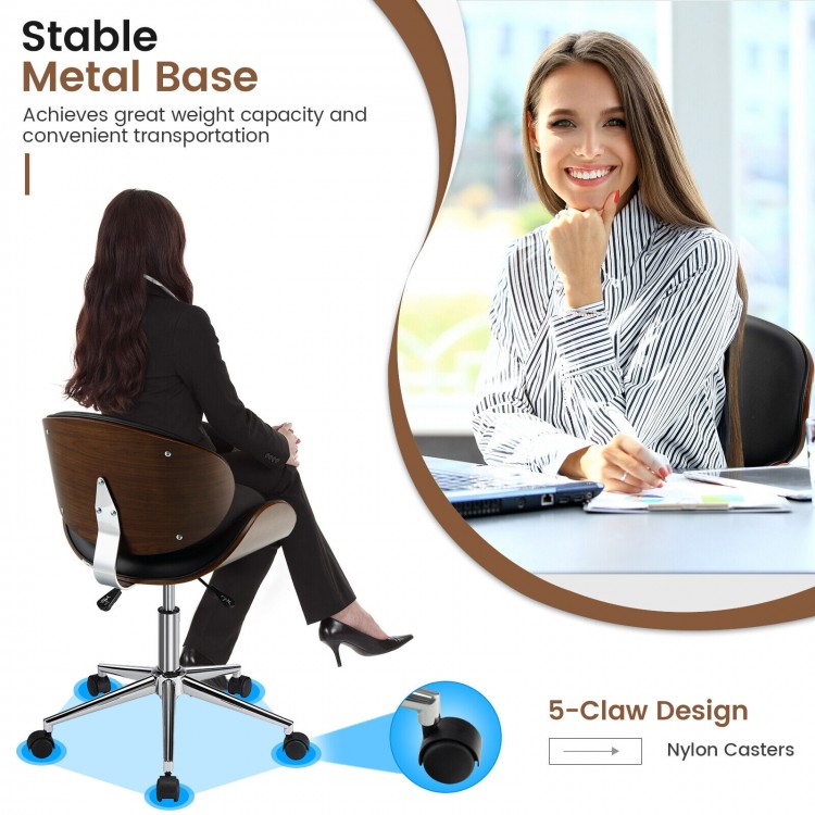Curved seat adjustable leather office chair in black with ergonomic design and 5-claw base for smooth mobility.