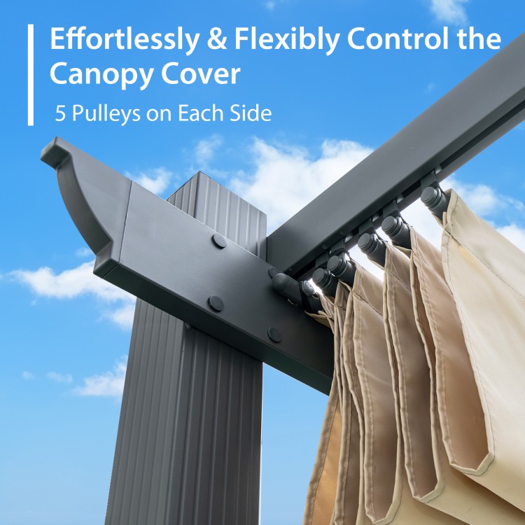 Retractable canopy with 5 pulleys on each side for easy control, featuring a durable aluminum frame and beige fabric.