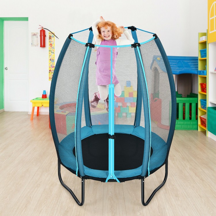 Kids jumping on a 4 feet trampoline with enclosure net in blue, designed for safe indoor and outdoor play.