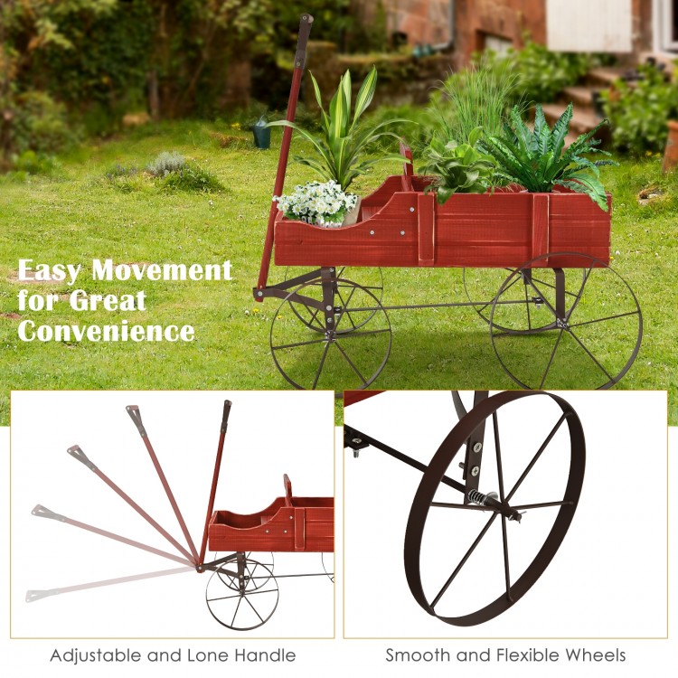 Wooden wagon plant bed with wheels in red, featuring two planting sections and a convenient adjustable handle for easy.