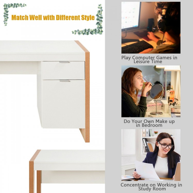 Modern white computer desk with large drawer and cabinet, perfect for study or work in any home decor.
