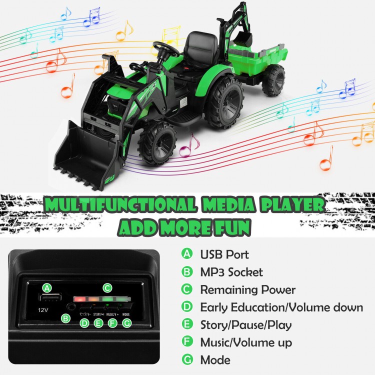 12V kids ride-on excavator in green with shovel bucket, music player, and parental remote control for fun outdoor play.
