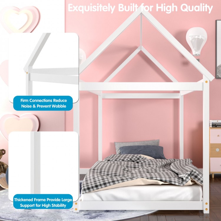 Stable kids platform floor bed with roof in white, featuring a thickened frame for stability and heavy-duty slats.
