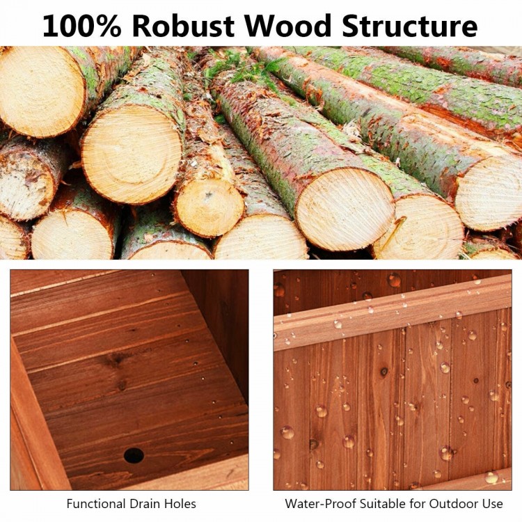 Close-up of the wooden decorative planter box showing drainage holes, made from 100% natural fir for outdoor use.