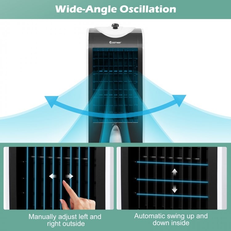Wide-angle oscillation feature of the 3-in-1 portable evaporative air cooler, ideal for efficient cooling in dry.