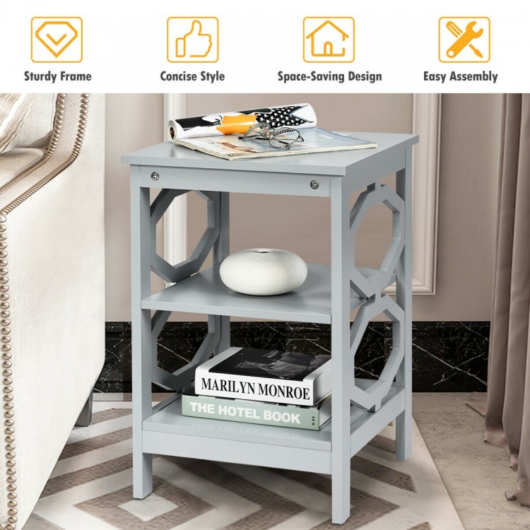Gray 3-tier nightstand with a stylish design and smooth surface, ideal for elegant storage in any room.