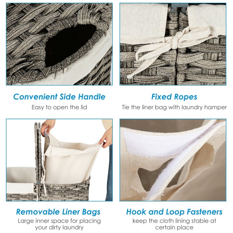 Handwoven gray laundry hamper basket with two removable liner bags and convenient side handles for easy access.