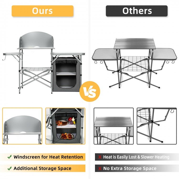 Foldable outdoor BBQ grilling table with windscreen, gray, featuring multi-function shelves and portable design for.