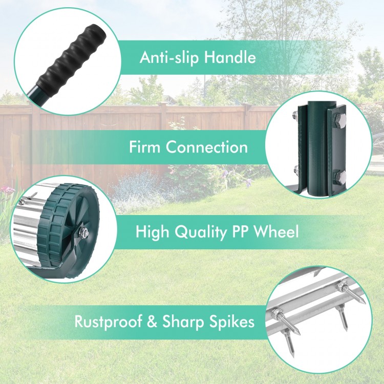 18-inch rolling lawn aerator features anti-slip handle, sharp spikes, and durable PP wheels for efficient lawn care.