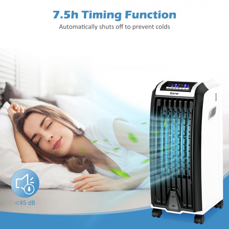 Portable evaporative air cooler with 3 wind modes, 7.5-hour timer, and remote control for home or office use.