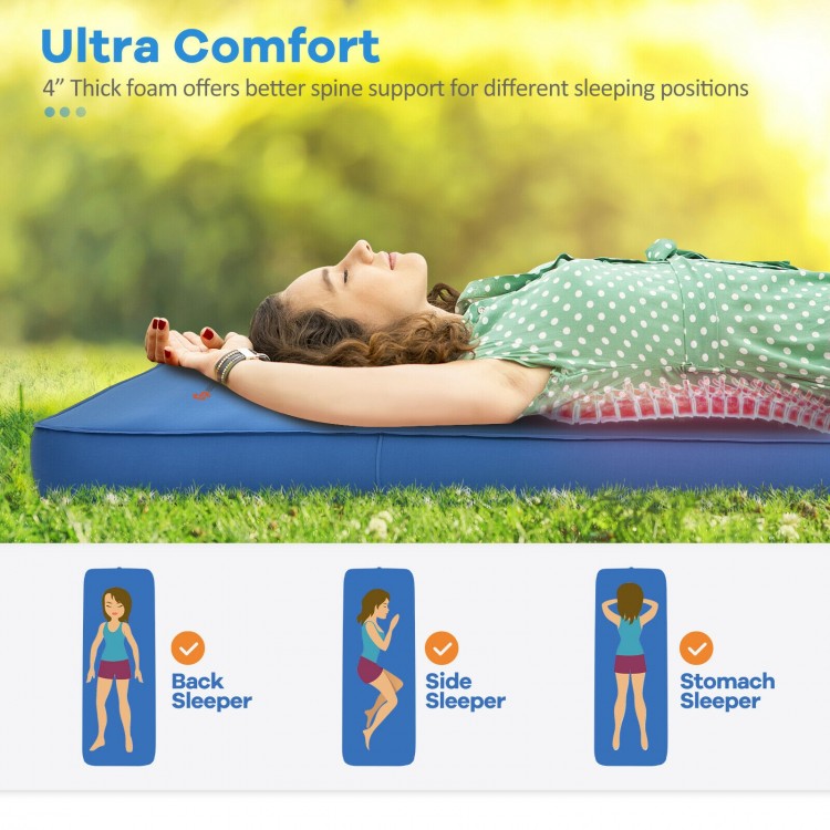 Self-inflating blue camping sleeping mattress with 4" thick foam for back, side, and stomach sleepers, ideal for.