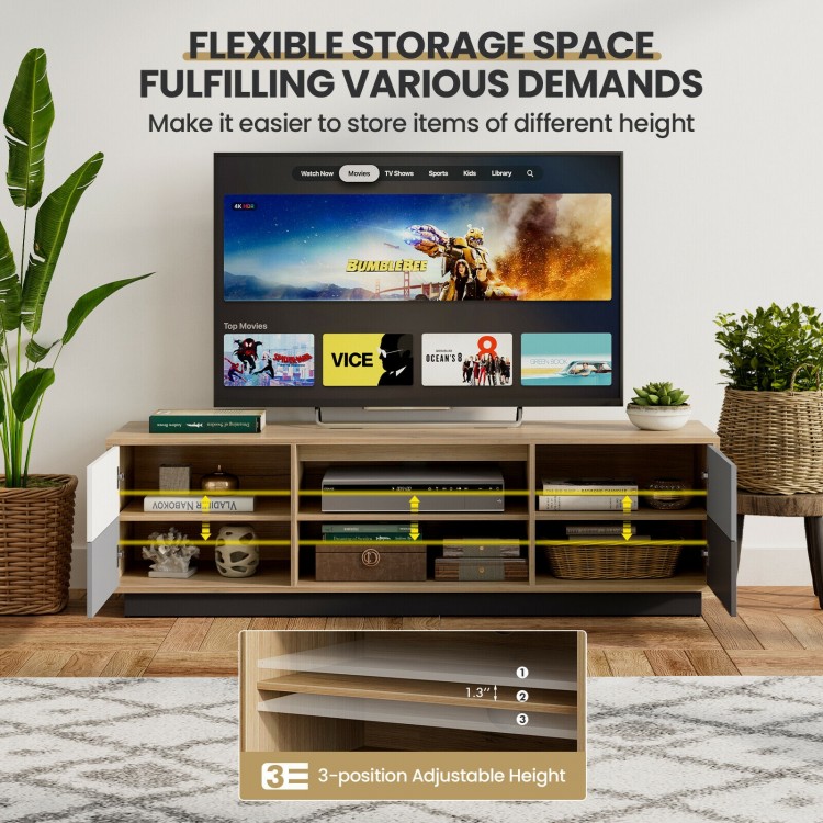 Modern 55-inch TV stand with adjustable shelves and two storage cabinets, perfect for organizing living room essentials.