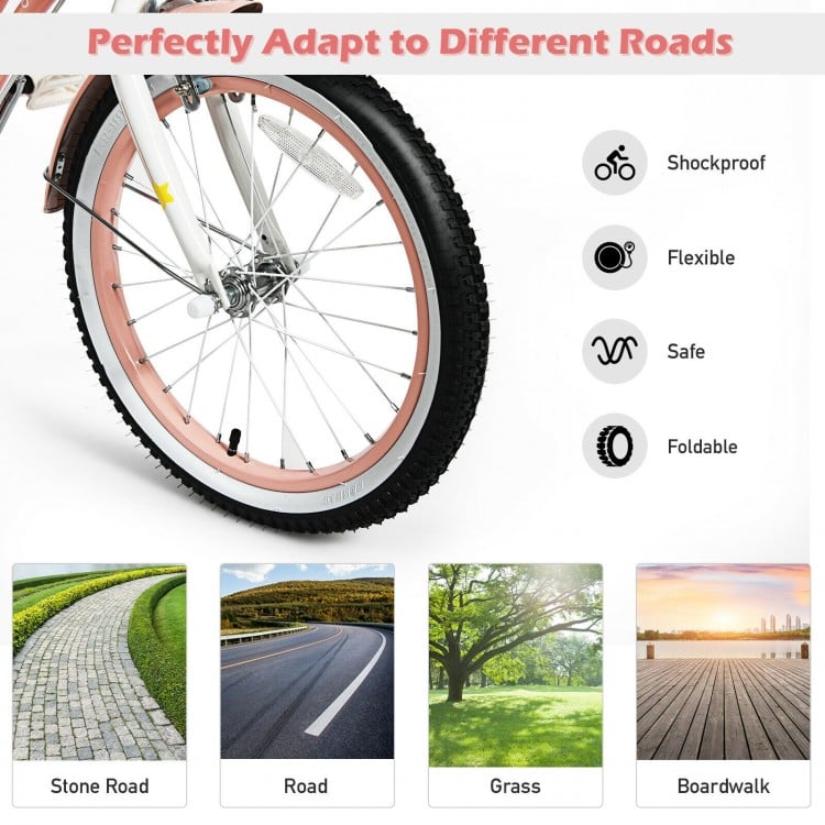 Close-up of the 18-inch pink kids bike tire, showcasing wear-resistant design for various road types and safety.