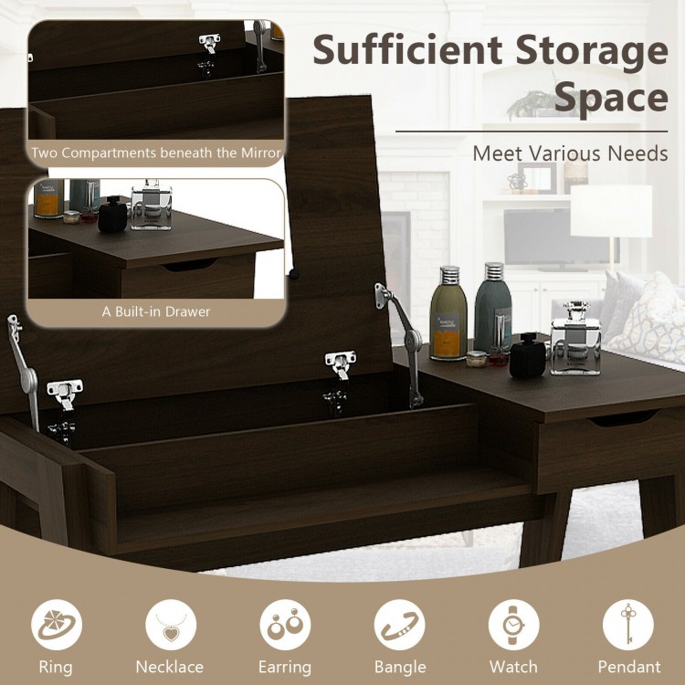 Dressing table with flip mirror, storage drawer, and two compartments for organized makeup and stylish decor.