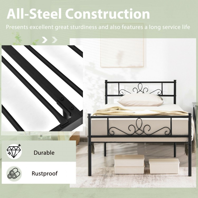 Twin size metal bed frame with headboard and footboard, featuring durable steel construction and spacious under-bed.