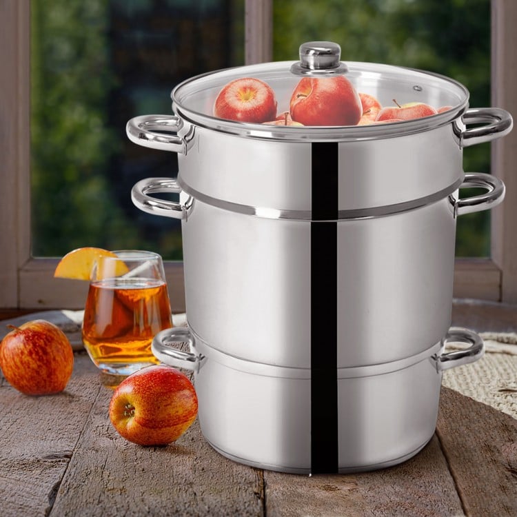 11-quart stainless steel fruit juicer steamer showcasing fresh apples, perfect for making juice and syrups at home.
