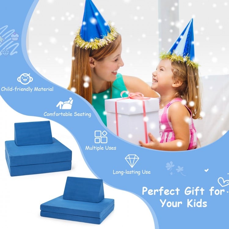 Convertible kids couch set in blue with two folding mats and pillows, ideal for playrooms and imaginative play.