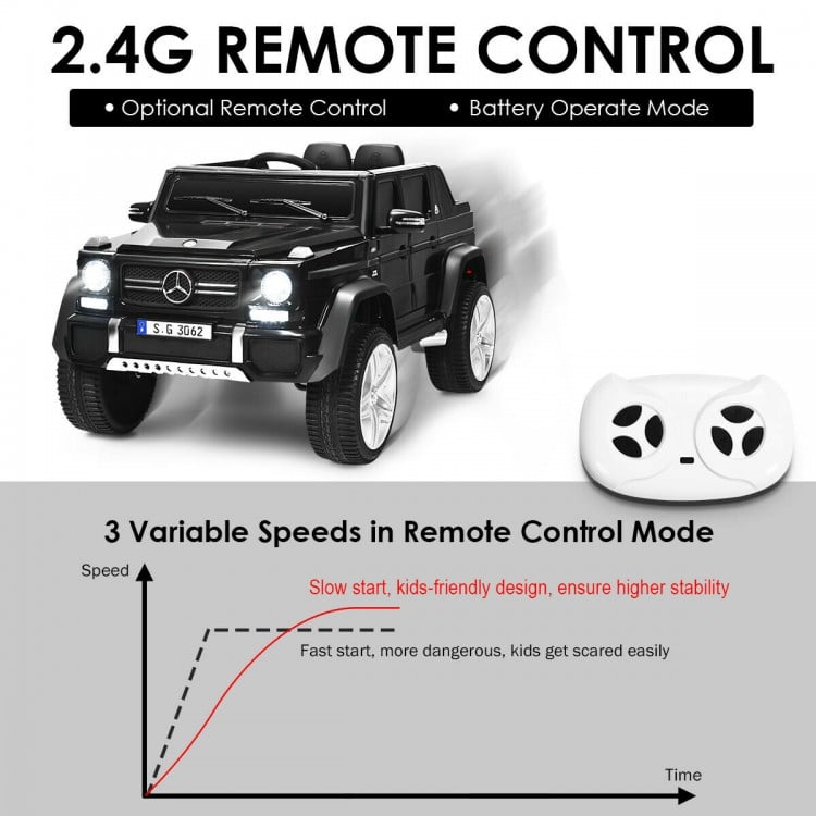 Licensed Mercedes-Benz kids ride-on car in black with remote control, LED lights, and spring suspension for smooth.