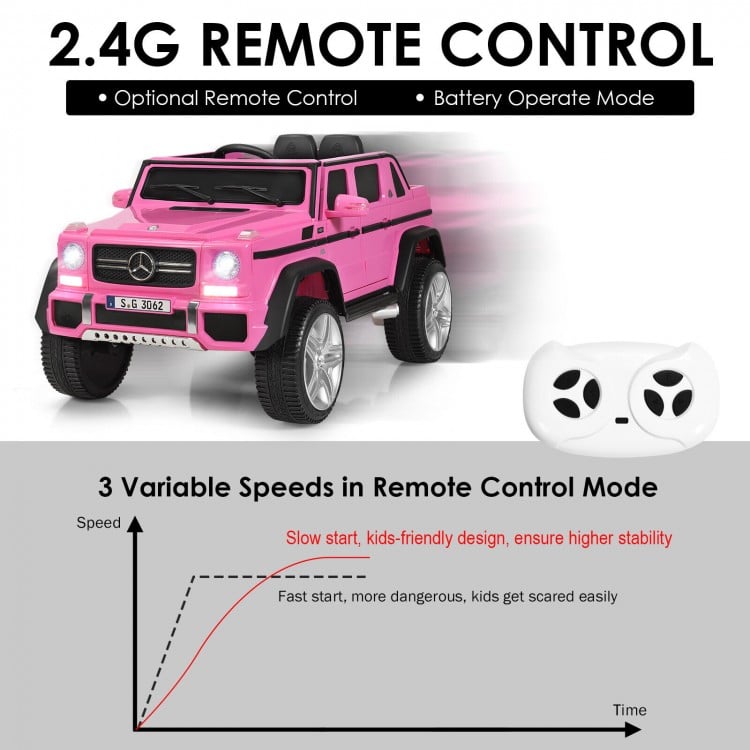 Licensed pink Mercedes-Benz kids ride-on car with remote control, LED lights, and spring suspension for smooth driving.