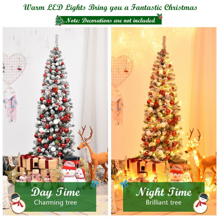 6 feet pre-lit snow flocked artificial pencil Christmas tree with 250 warm LED lights, perfect for limited spaces.