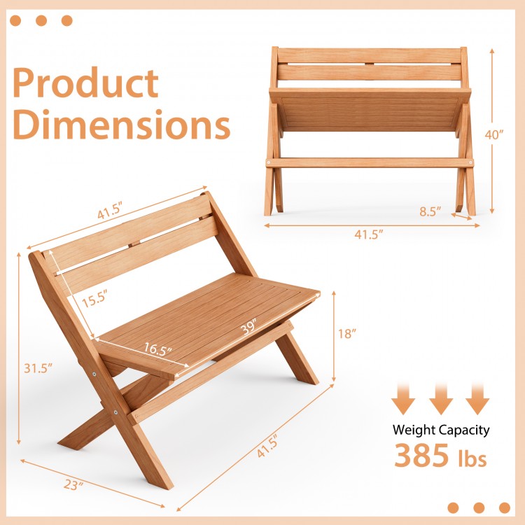 Folding outdoor bench dimensions showcasing 2-person capacity, made of teak wood for backyard or poolside use.