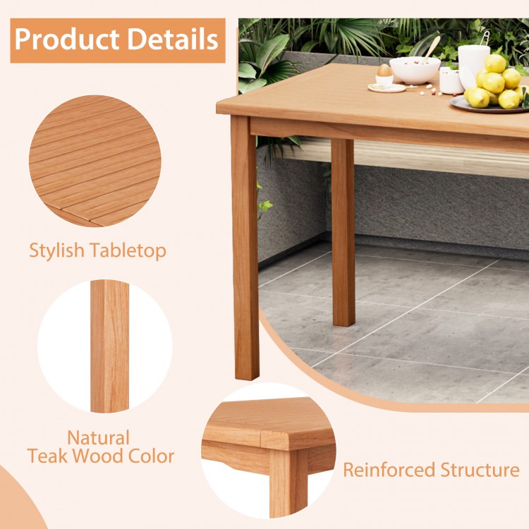 Rectangle patio dining table with slatted teak wood tabletop, natural color, ideal for 6 people, perfect for outdoor.