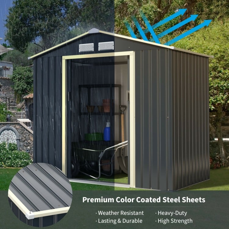 Metal storage shed with sliding double lockable doors, gray color, weather-resistant steel, ideal for outdoor storage.