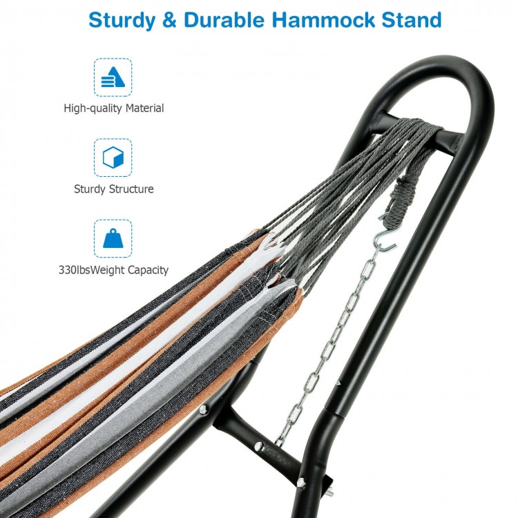 Hammock stand with heavy-duty steel frame, adjustable chains, and s-hooks, ideal for patio or garden use.