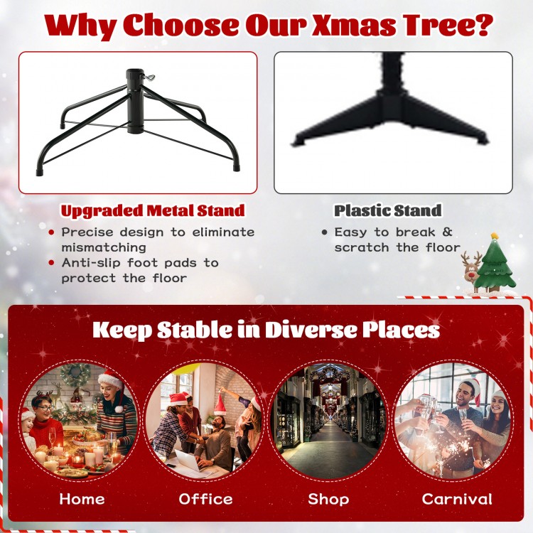6-foot hinged Christmas tree with PVC branch tips and warm white LED lights, featuring a stable metal stand for safety.