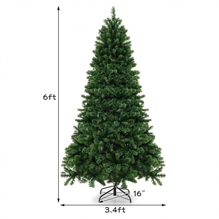 6ft hinged Christmas tree with PVC branch tips and warm white LED lights, perfect for holiday decor in any setting.