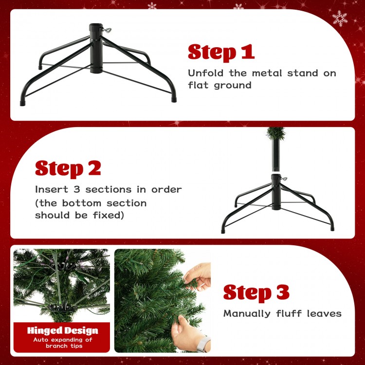 Step-by-step instructions for setting up the 6 ft hinged Christmas tree with PVC branch tips and LED lights.