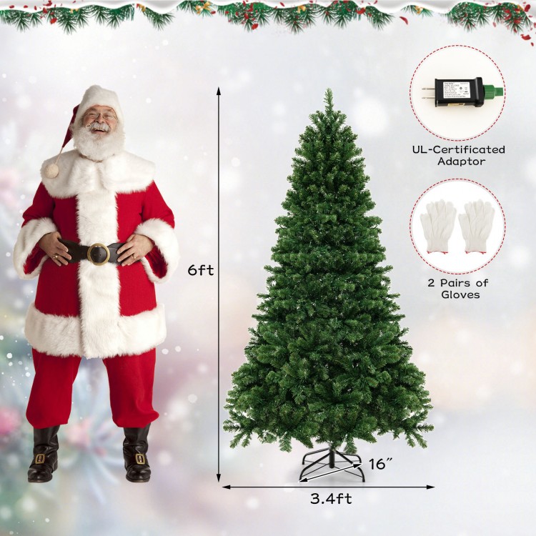 6ft hinged Christmas tree with PVC branch tips and warm white LED lights, perfect for holiday decoration in any setting.