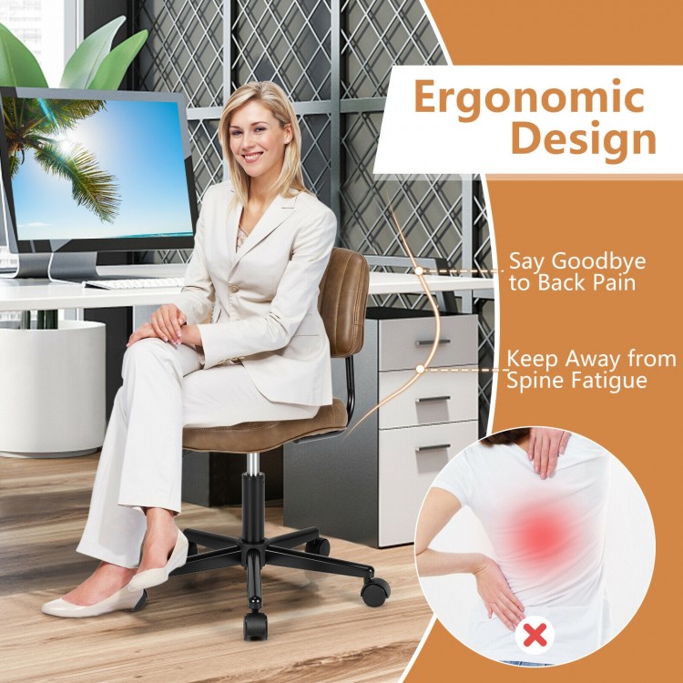 Brown PU leather adjustable office chair with backrest, designed for comfort and stability in various settings.