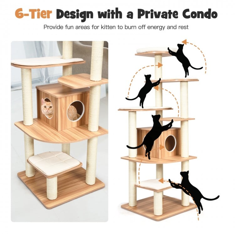 6-tier wooden cat tree with sisal posts and condo, designed for climbing and resting, ideal for active cats.