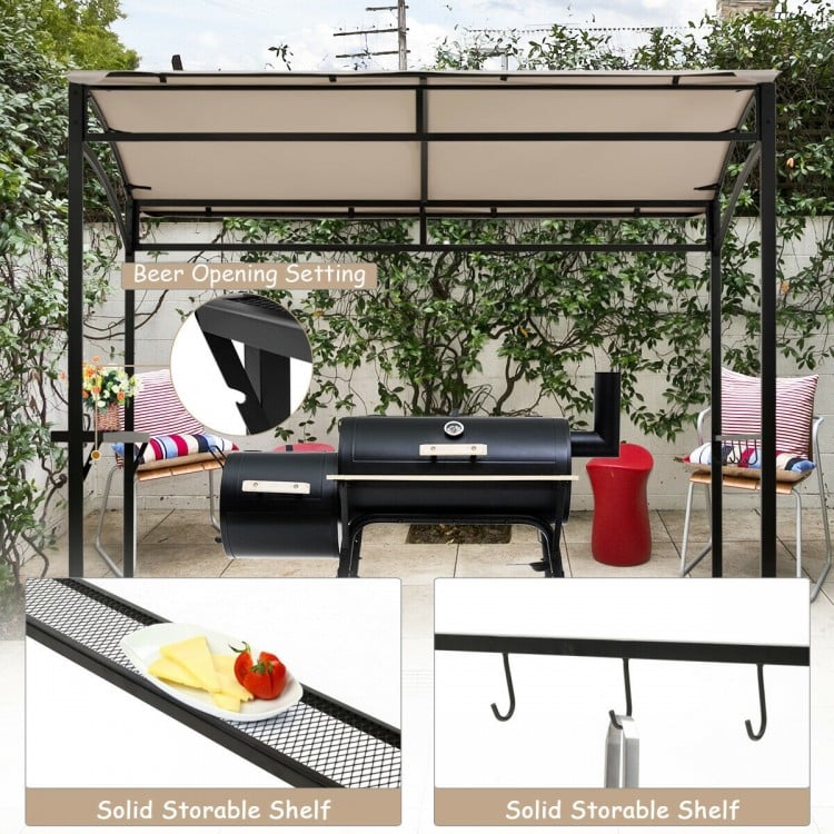 Grill gazebo with beige canopy, powder-coated steel frame, storage shelf, and hooks for outdoor BBQs and gatherings.