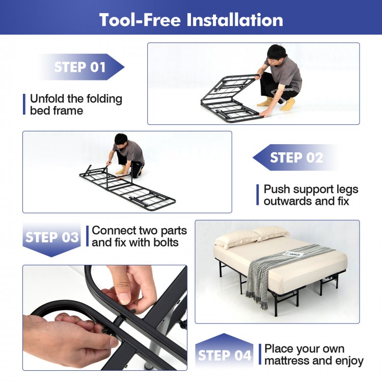 Folding steel platform bed frame assembly steps, showcasing tool-free setup for full/king size convenience.