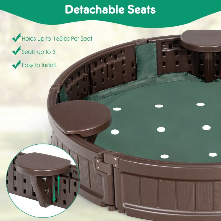 Sandbox with built-in corner seats, made from weather-resistant HDPE, perfect for outdoor play and easy to install.