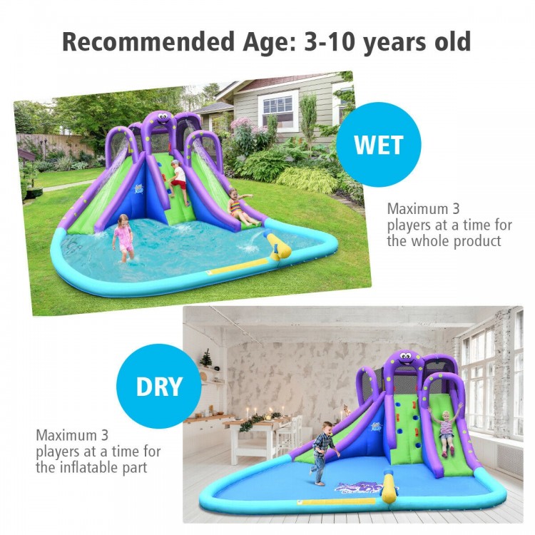 Inflatable Water Park with pool and slide, featuring octopus design, for wet or dry fun, suitable for kids aged 3-10.