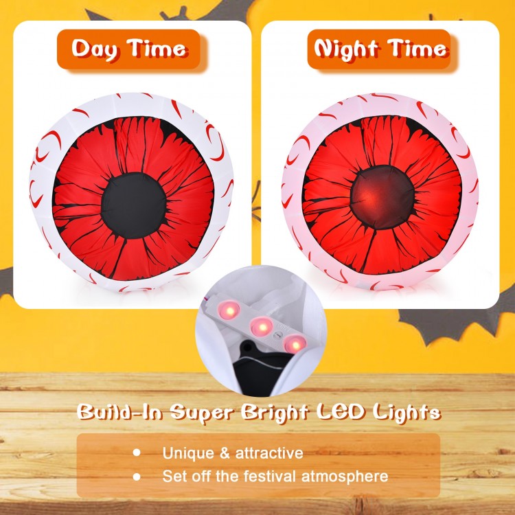 Two 3-foot Halloween inflatable eyeballs with vivid bloodshot patterns and built-in red LED lights for a spooky.