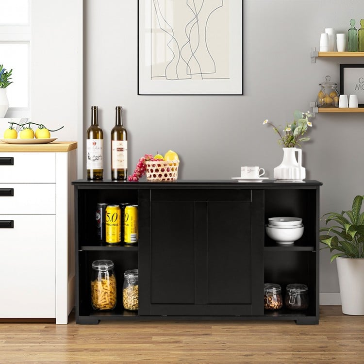 Black kitchen storage cupboard cabinet with sliding doors, featuring spacious top and shelves for organization and.