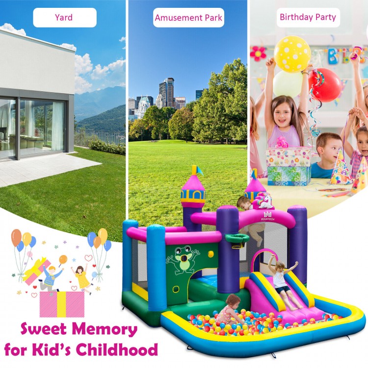 Unicorn-themed 6-in-1 kids inflatable bounce house with slide and ball pit, perfect for birthday parties and outdoor.