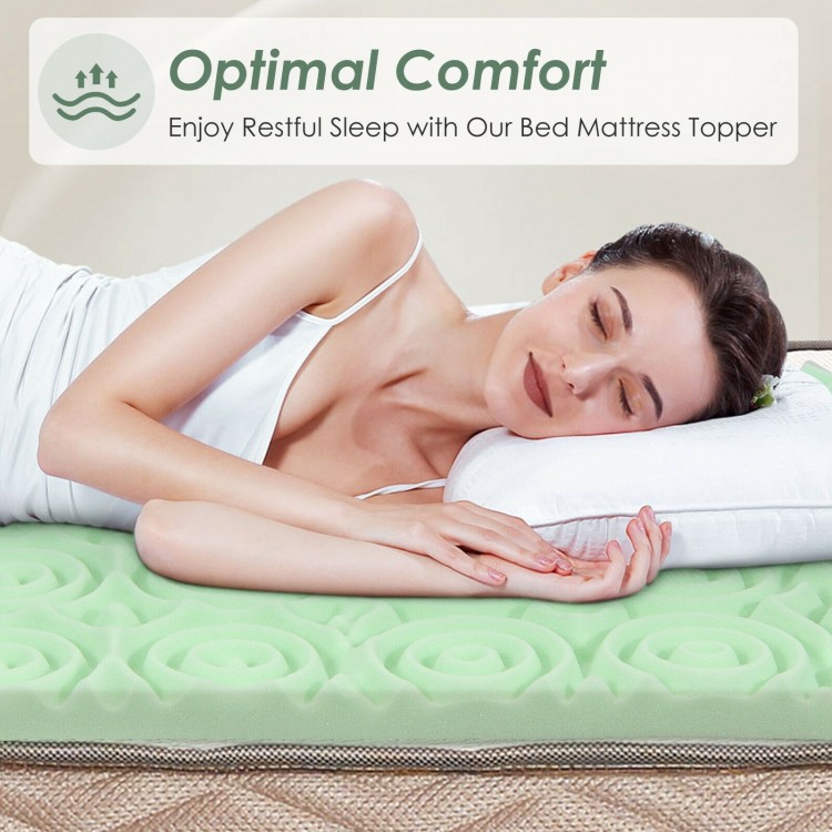 3-inch twin size mattress topper in green, featuring a 5-zone design for optimal comfort and pressure relief.