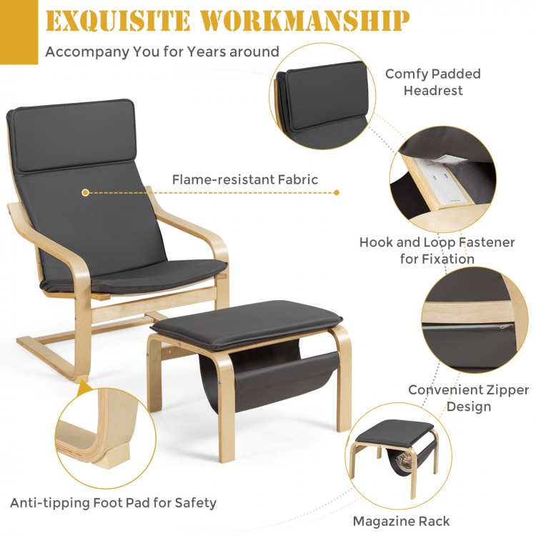 Gray Relax Bentwood Lounge Chair set with ottoman and magazine rack, featuring a natural wood frame and thick padded.