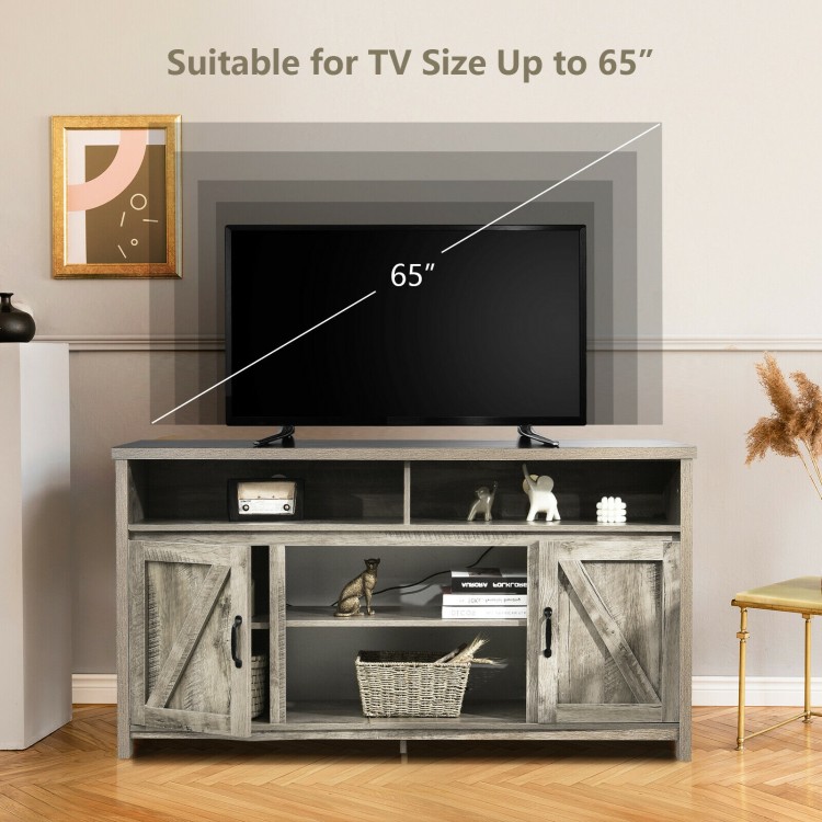59-inch TV stand with barn doors, suitable for TVs up to 65 inches, featuring ample storage and adjustable shelves.