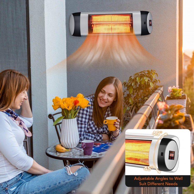 Wall-mounted 1500W electric patio heater with remote control, featuring adjustable 45° angle for optimal warmth.