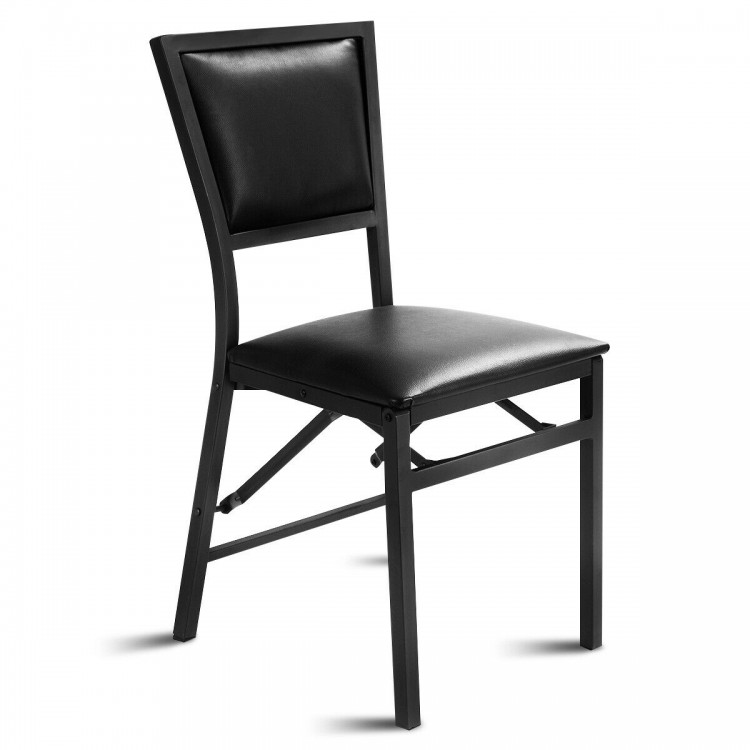 Black metal folding dining chair with PU leather upholstery, ergonomic design, and space-saving features for versatile.