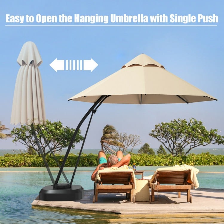11 feet beige cantilever hanging umbrella with powder-coated aluminum frame, providing shade for outdoor leisure by the.