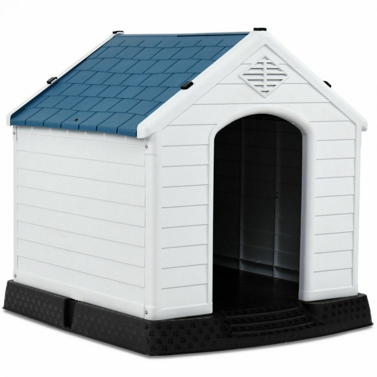 Durable plastic dog house with a blue roof, providing a safe, waterproof shelter for pets outdoors.