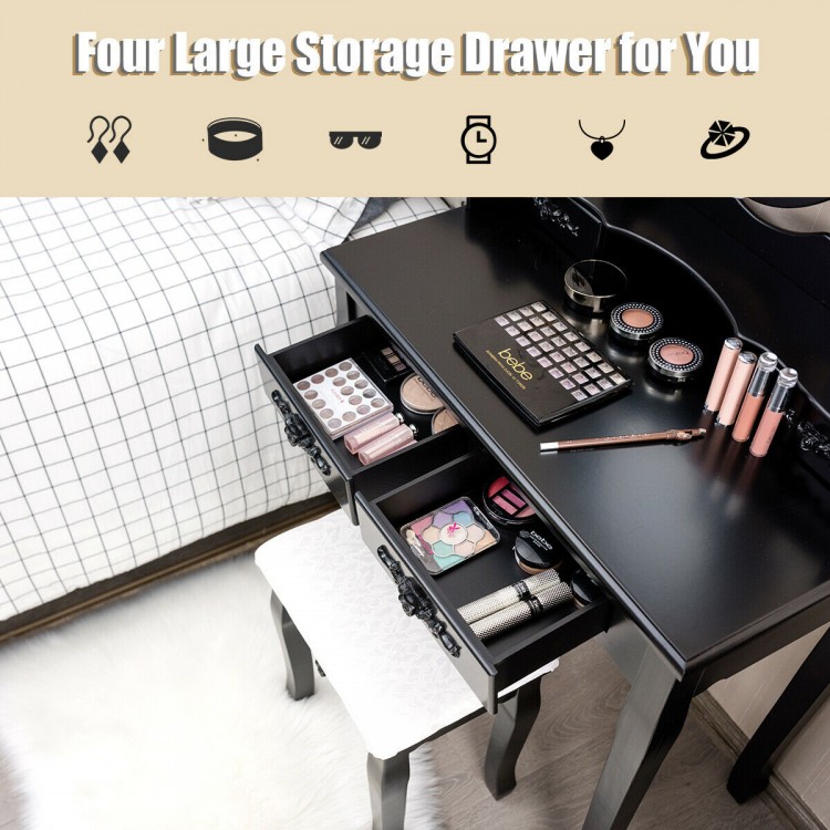 Makeup dressing table in black with 4 storage drawers and lighted mirror, ideal for organizing cosmetics in style.